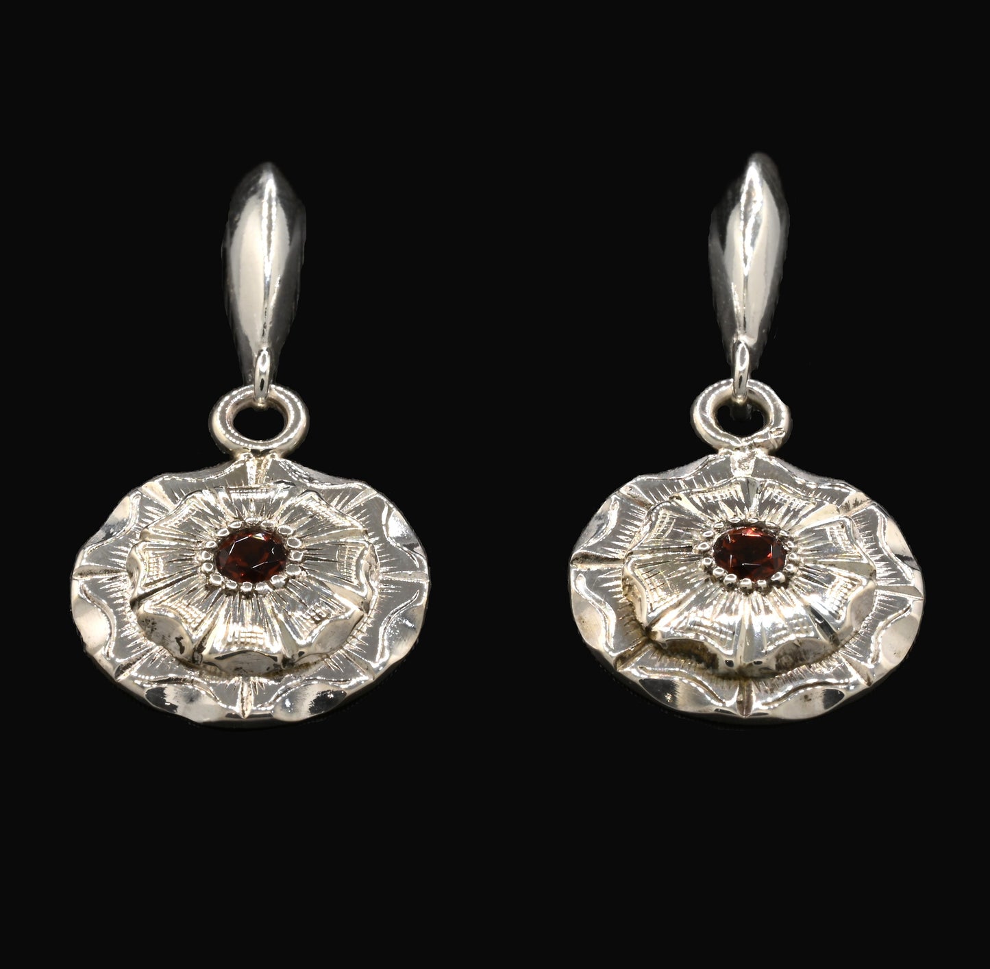 Vintage Flower & Garnet Drop Earrings
