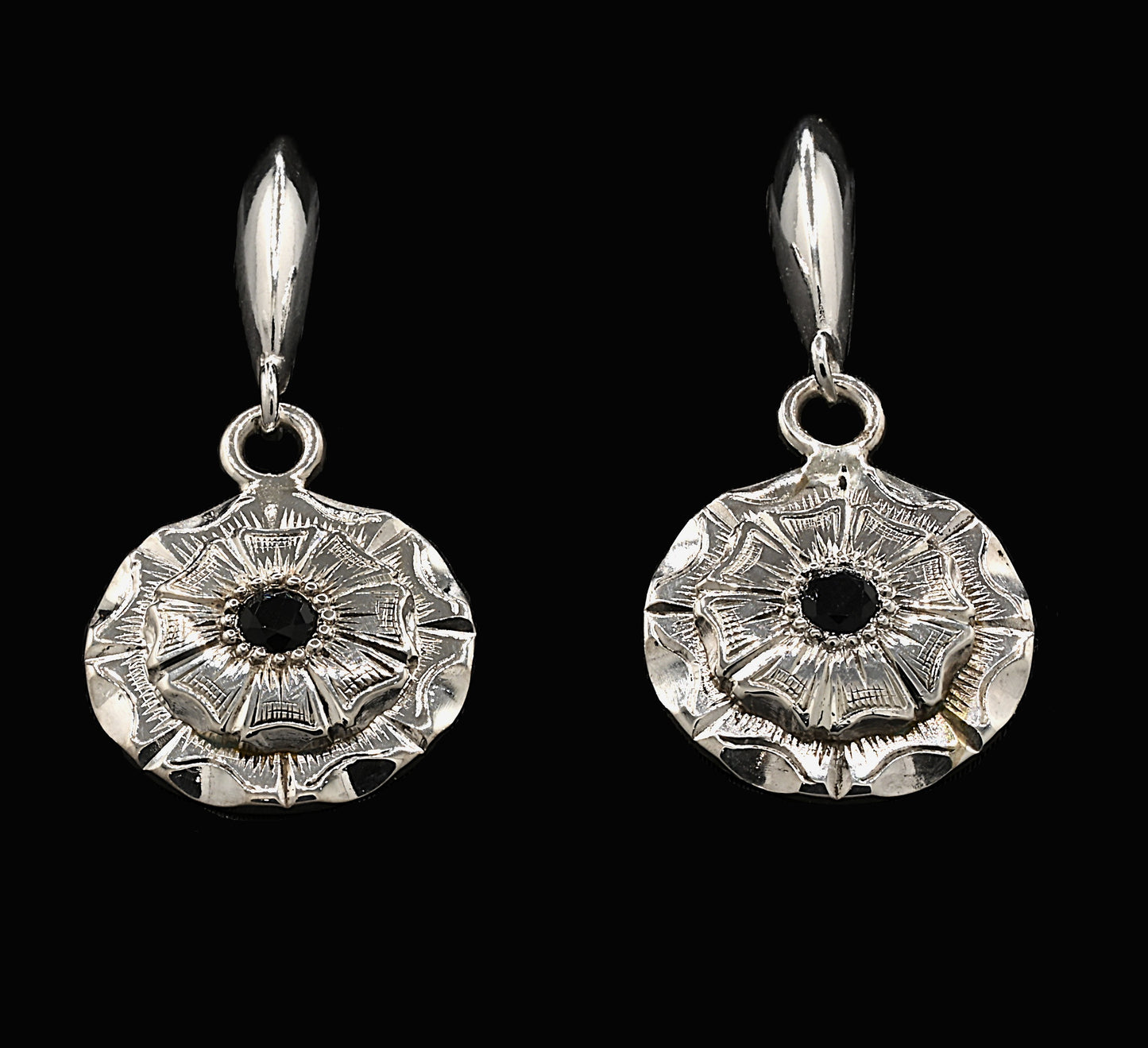 Vintage Flower & Black Sapphire Drop Earrings