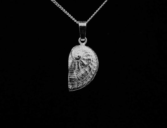 A sterling silver pendant in the shape of an abalone shell