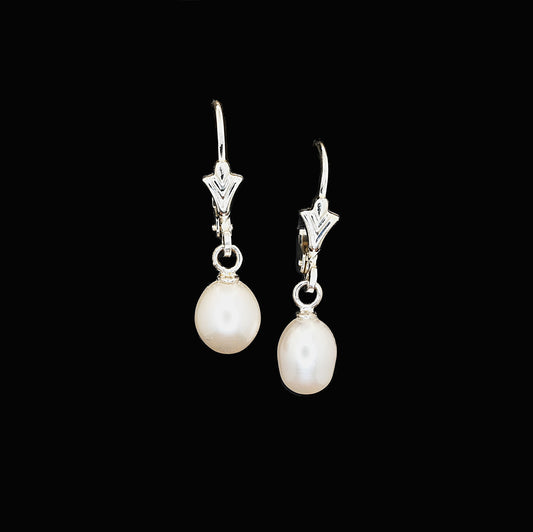 Drop style, white freshwater cultured pearl earrings