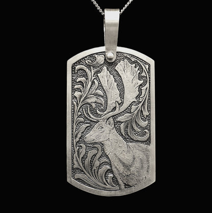 Hand engraved sterling silver pendant with deer and acanthus leaf design