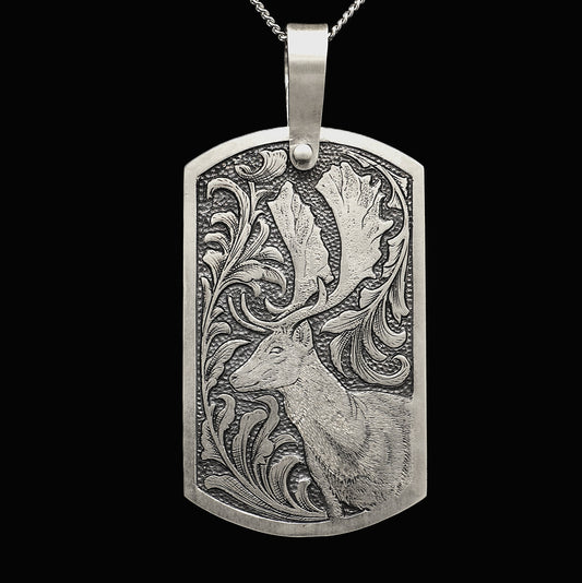 Hand engraved sterling silver pendant with deer and acanthus leaf design