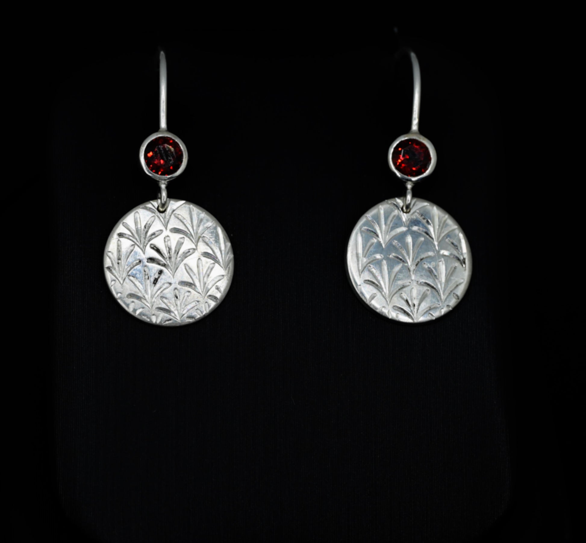 Sterling Silver drop earrings with bezel set garnets and hand-engraved art deco design