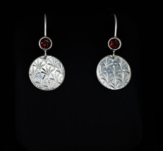 Sterling Silver drop earrings with bezel set garnets and hand-engraved art deco design