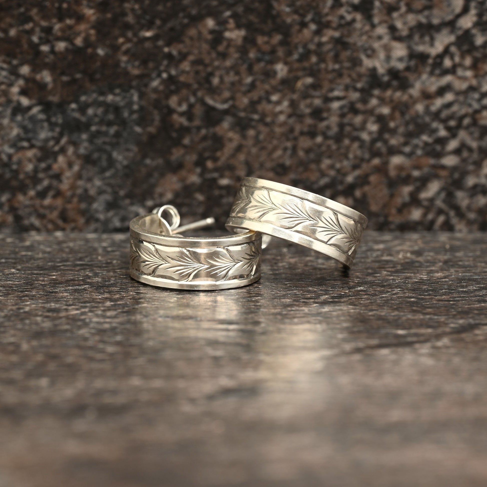 Sterling silver huggie earrings with hand-engraved wheat motif