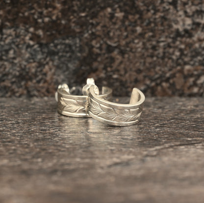 Sterling silver huggie earrings with hand‑engraved wheat motif